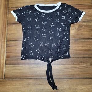 French Pastry B&W Cat Tee Front Tie - Size XS